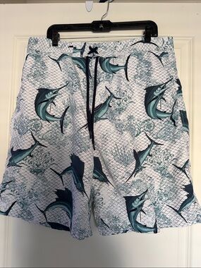 Men's White & Teal Marlin Print Swim Trunks